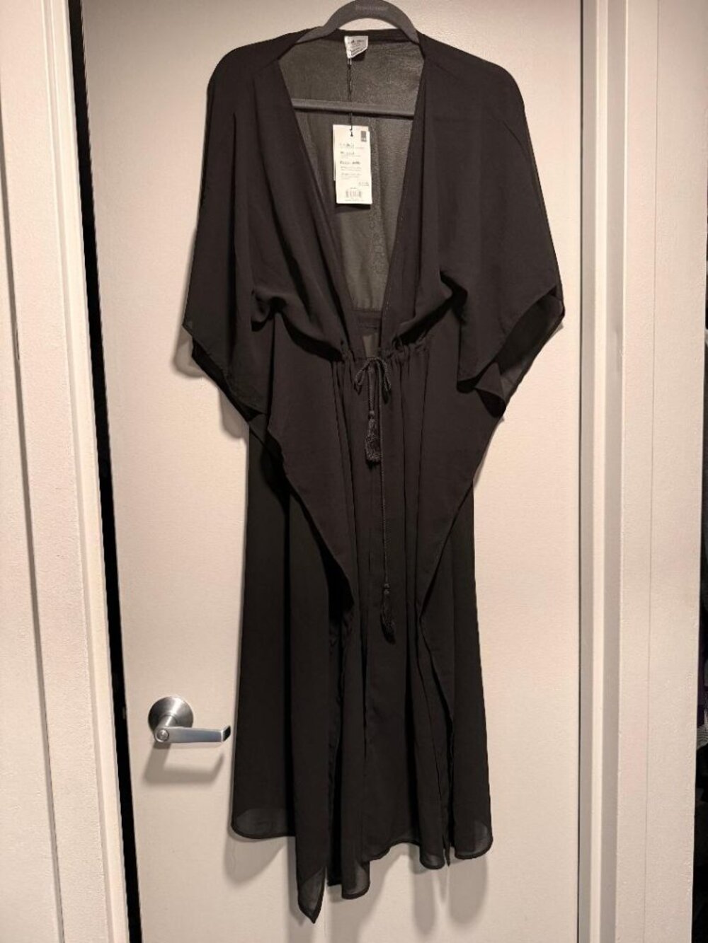 Black Sheer Maxi Kimono Swimsuit Cover-Up with Tassel Tie - One Size